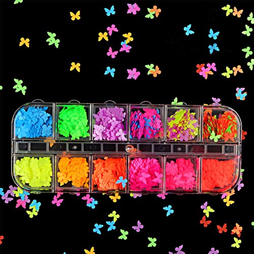 12 Renkler Kelebek Nail Art Glitters Etiketler Çıkartmaları Dekorasyon Malzemeleri Gökkuşağı Floresan Tasarım Charms Tırnak Sequins
