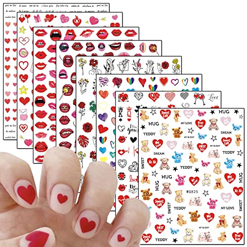 Aşk Kalp Tırnak Sanat Çıkartmalar, sevgililer Günü 3D Kendinden Yapışkanlı Etiket, Kalpler Gül Ayı Seksi Dudaklar Transferi Çıkartmaları,