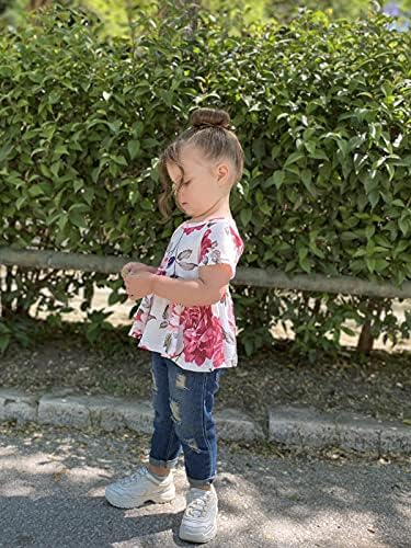 Bebek Kız Giysileri Kıyafetler, Sevimli Yürümeye Başlayan Bebek Fırfır Kollu Çiçek T-Shirt Yırtık Kot Pantolon Seti ile Tops